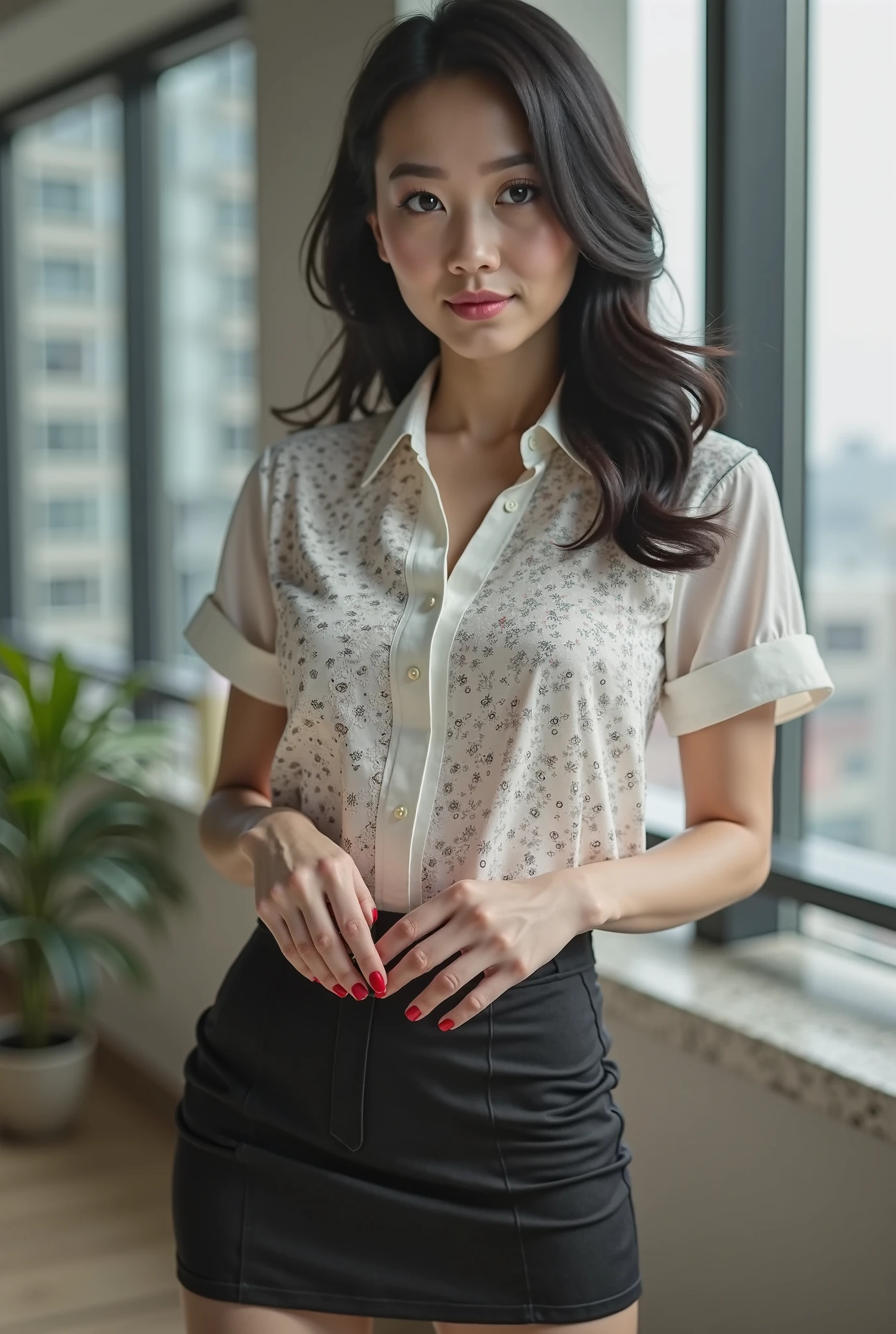Create an image of a young woman wearing a modern white shirt, buttoned all the buttons, with a classic collar and elongated cuffs. The shirt should be monochrome and clear, free cut. On the sleeves add prints with the image of lilies of the valley. Combine the shirt with casual white pants to complete a stylish modern outfit