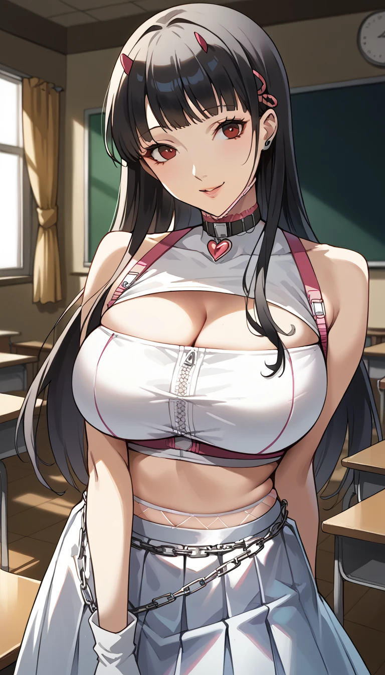 leifang, 1girl, long hair, blush, lipstick, masterpiece, best quality, ((unbuttoned , cleavage, necklace, earrings, sexy body,
breasts)) , micro skirt, smiling, navel , exposed belly, exposed navel,,school,knot,
classroom , holding a gun, hold a gun