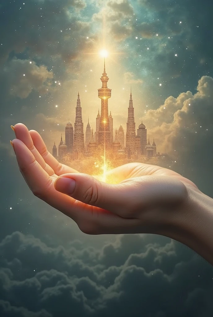 a tiny city in the palm of a human hand, in the background through the darkness you can see the eye of a dragon looking at the town through the fog and darkness that enveloped the tiny town, perfectly drawing hand,  insane detailed, crystal clear image