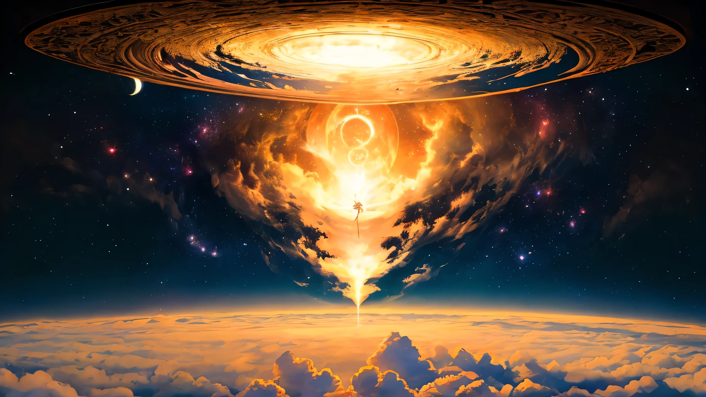 A Renaissance painting of a soul descending from the stars toward Earth, guided by celestial beings among radiant clouds and golden light, surrounded by ancient symbols and divine scrolls, representing pre-birth memories and soul contracts, ethereal atmosphere, early morning light with divine glow, shot with a Hasselblad H6D-100c, 80mm f/2.8 lens, soft golden tones with pastel sky hues