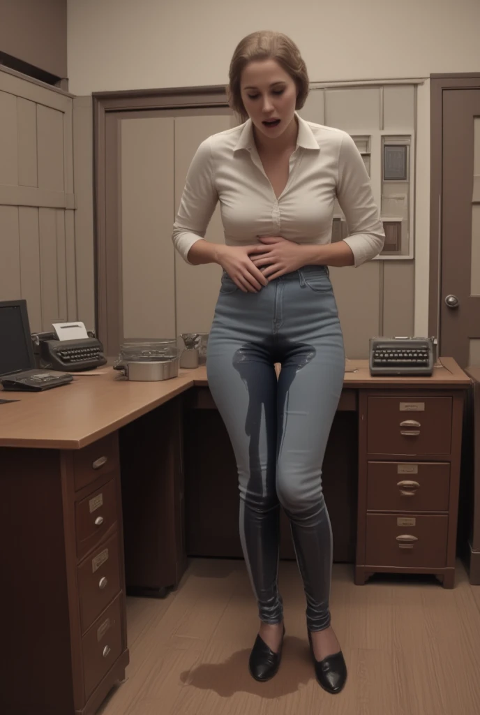tall blonde woman, white business pants, heels, ((peeing self)), show heels, standing in office
