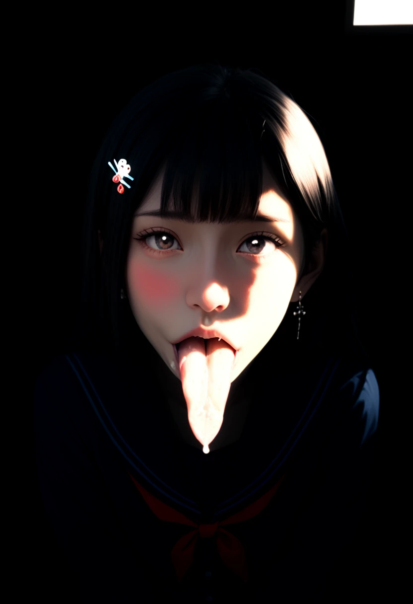 masterpiece, Highest quality, Highest quality, Realistic, (Close up on face, Sticking out a long tongue, Ahegao, Nose hook, Drooling:1.3), (beautiful girl, happiness, smile, Eyelash extensions, Gal Makeup), (Black Hair, Wavy bristles, Short Hair:1.3), (A gothic punk take on a blue kimono:1.3), (Stand up with legs apart:1.3), (It is photographed from above:1.2)