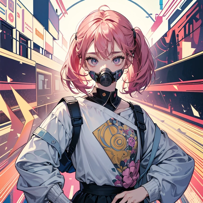 Female Gamer, ((Wet thin white shirt, open zip fashion windbreaker, hot pants, Glasses, earrings, necklace, brother, face mask, earphone, cute collar, bitch tattoo About the body 1:3)), (The irresistible aura of the idol, blur effect, Bubble effect, Black glowing eyes, Arcade-style make-up, , face turns red, angry face, blonde color hair), (masterpiece, Extreme Body Detail, High resolution, original character, Best anime 16k wallpaper quality), Club Bar Background, No underwear, About the body