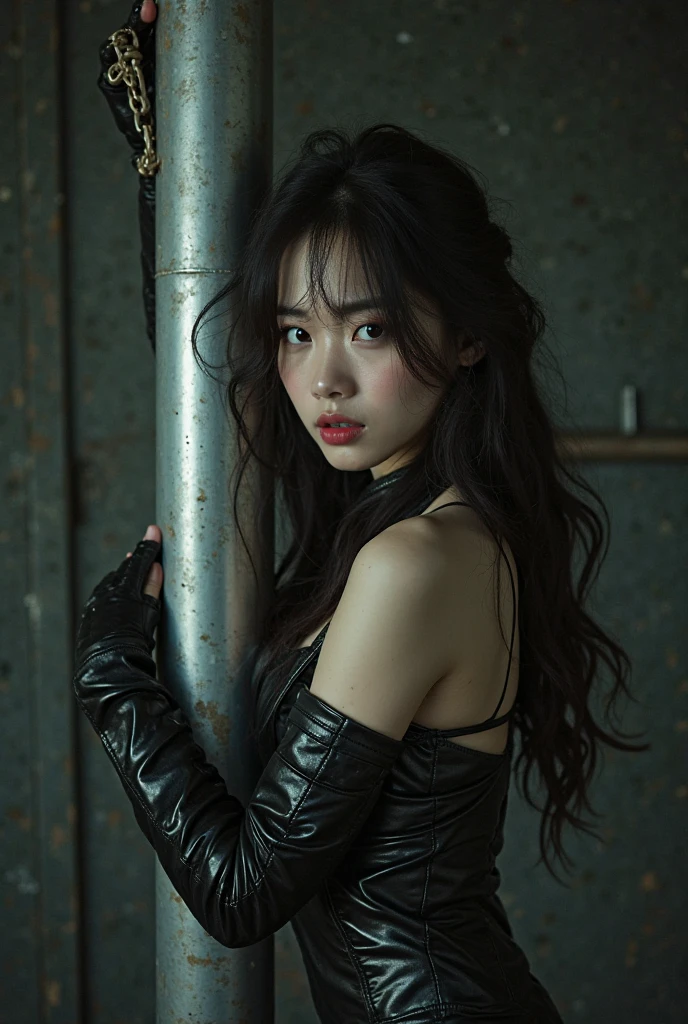 masterpiece, best quality, Surreal, Ultra Detailed, 8K resolution, RAW photos, Clear focus, (1 Girl), Solitary, Beautiful face, Perfect body, Mature woman,35 years old, Full body portrait, Nanosuit, Messy hair, very detailed,Movie, Movie light, Dark theme
