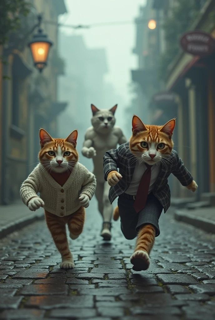 A dramatic, cinematic scene on a misty, cobblestone road in an old city ...