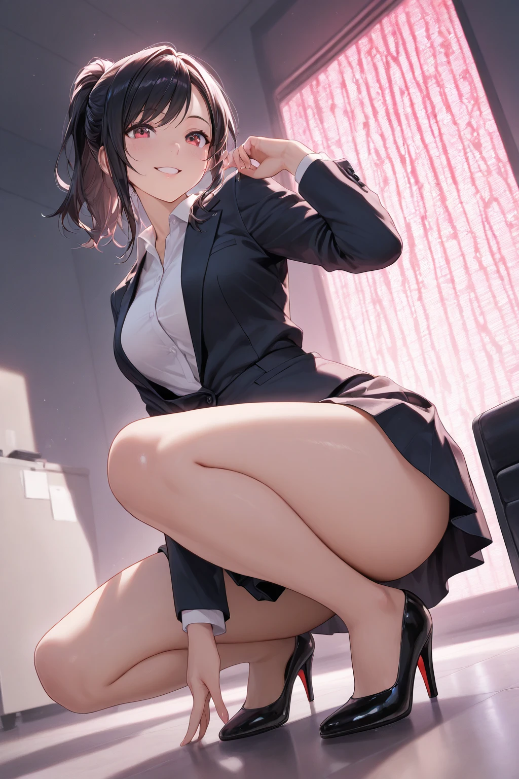 1people々 girl,((Haruno YukinoshitaFull Body)),Purple Hair ,(masterpiece:1.2), highest quality, (((Thin legs))),((((High resolution)))), unity 8k wallpaper, (shape:0.8), Highly detailed face, Perfect lighting, Extremely detailed CG,(((School classroom)))),(Big Breasts)、(((((office lady))))、(((Spread your legs on the desk))),(((suit))),((Black tight skirt)),(((Black long boots))),(((Black pointed toe)))、(((Black stiletto heels)))、choker、((((Thin legs)))),short hair,(White panties),(Hands on skirt),Panchi et al.,smile