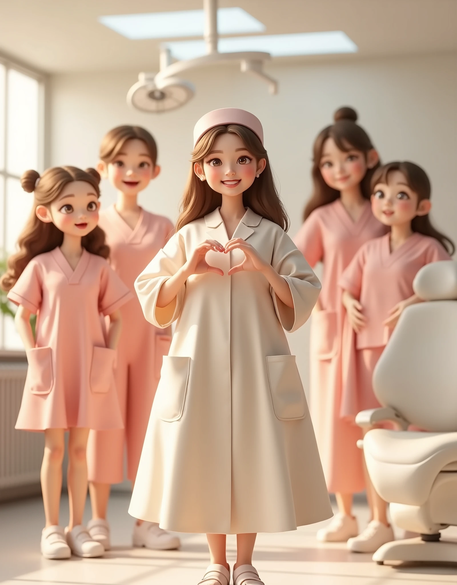 A beautiful female dentist in a gown, smiling happily, making a Mini Heart sign, stands in the center of the picture, with many nurse assistants around her.