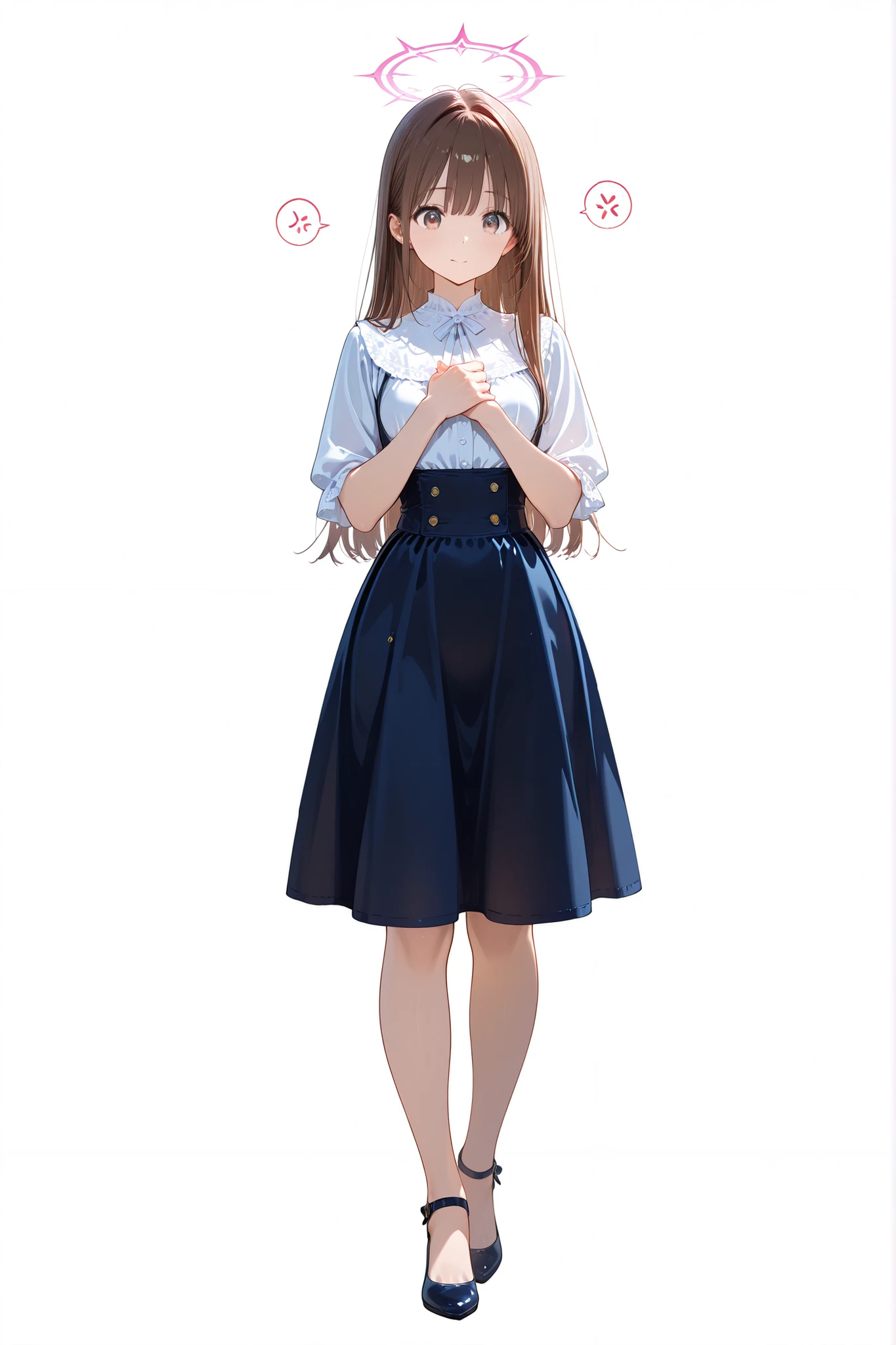 female holding both hands on chest, flat bust, long straight hair, blouse and tight skirt, grateful expression, full body in frame, transparent background
