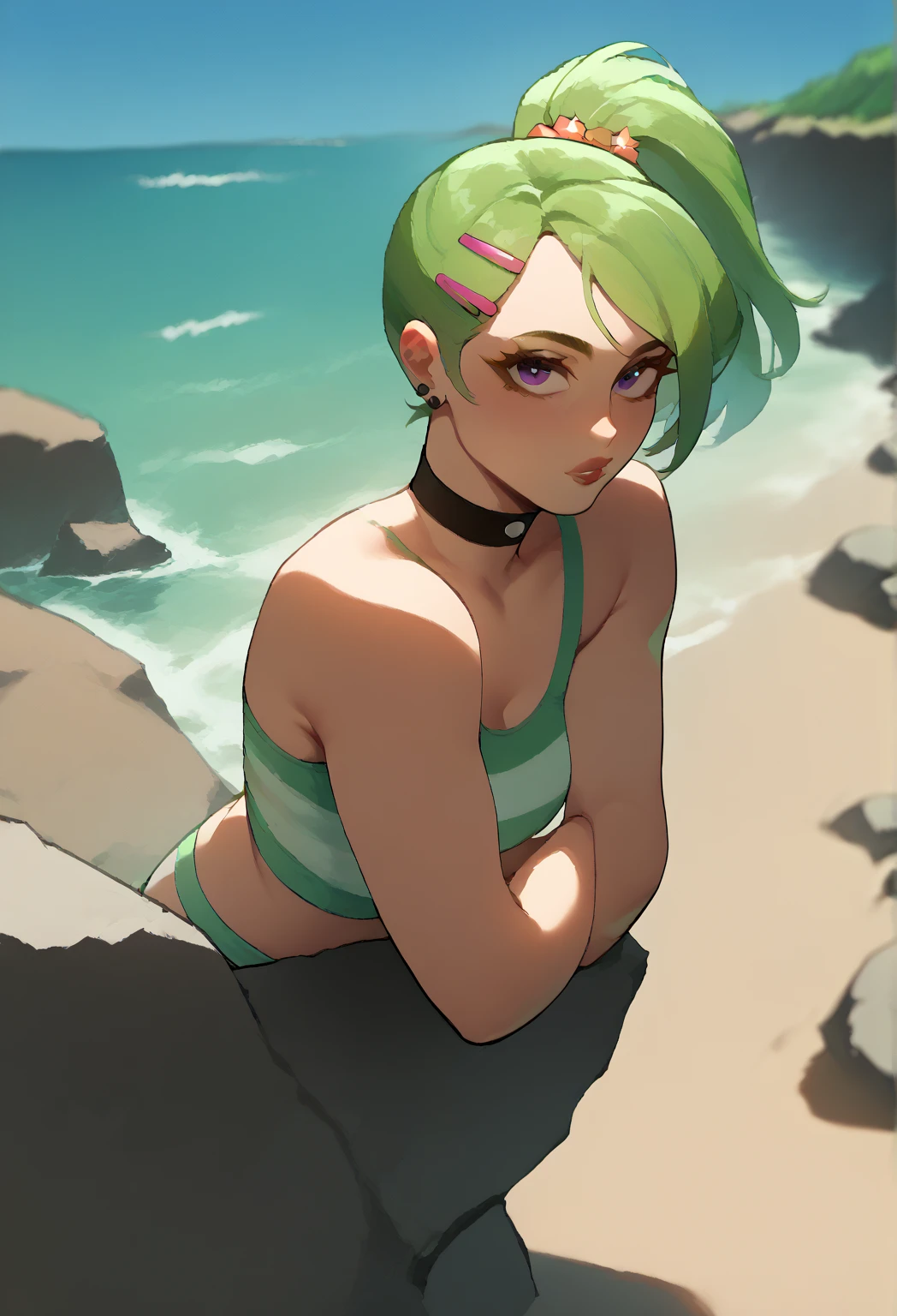 riley fairfeather, masterpiece, best quality, outdoors, 1girl, solo, 1girl, solo, nose piercing, green hair, piercing, undercut, swimsuit, micro bikini, visible, thong, camel toe, freckles, breasts, slender, full body, short hair, black hair, multicolored hair, sandals, two-tone hair, purple eyes, looking at viewer, blush, hands behind back, ear piercing, small breasts, dark skin, nose blush, dark-skinned female, medium breasts, standing, tan, dark skin