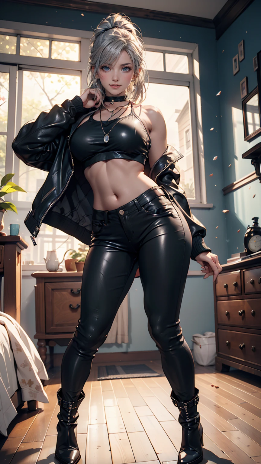 A room in the ruins of a reinforced concrete building、Litter scattered、A folding chair in the middle of the room、A woman sits on a metal chair、slouch、24 year old Caucasian female、Silver Hair、Shortcuts、Short leggings、High neck tops、No sleeve、short boots