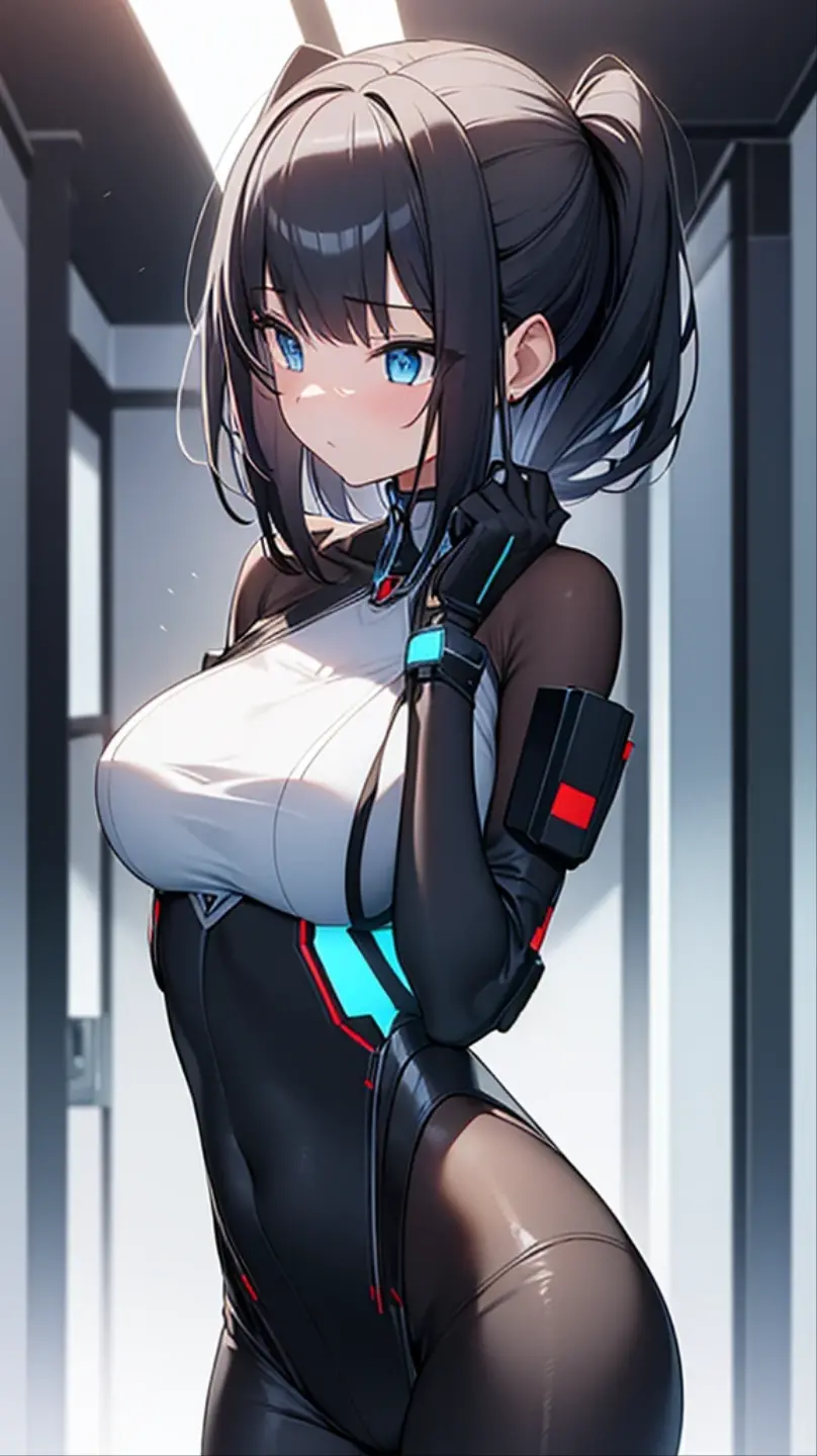 ((table top, highest quality, High resolution, nffsw, perfect pixel, 4k, nffsw, nffsw、Anime Screen Capture、Red Gauntlet))), 1 girl, single, alone, Beautiful woman、I could see the whole body、 ((middle wave hair, dull bangs, Braid black hair)), ((Red and shattered eyes, beautiful eyelashes, realistic eyes)), ((detailed face, blush:1.2)), ((smooth texture:0.75, realistic texture:0.65, realistic:1.1, Anime CG style)), ((muscular、huge breasts,wide ass、wide hips、thick thighs、both armpits))、(((Black and white sci-fi suit、Red back of hand))), perfect body, In town、((Very embarrassed、Sweat))、