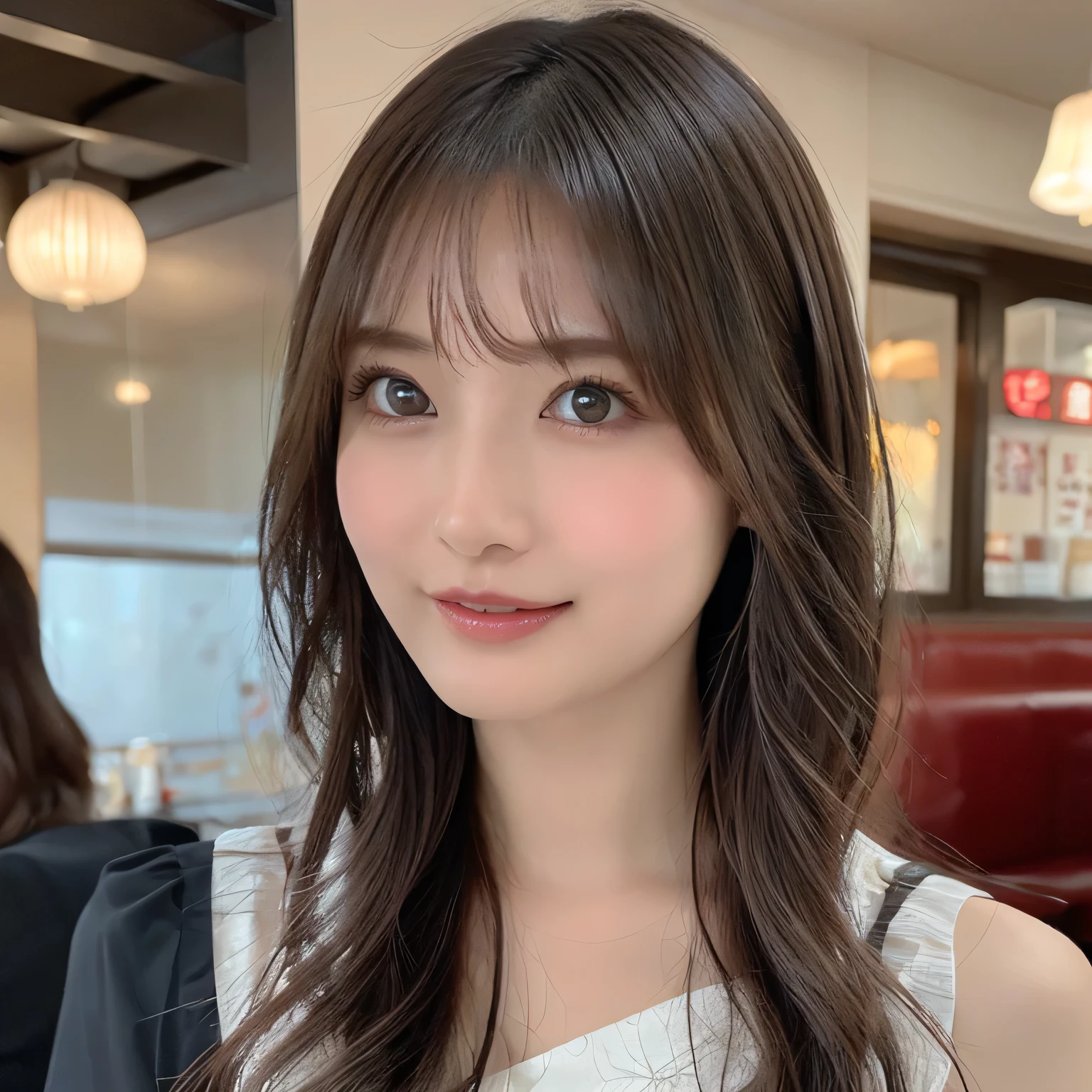 masterpiece, Best Quality,, Ultra-detailed, finely detail, hight resolution,1girl, solo, very long hair, looking at viewer, smile, brown eyes, open mouth, blush, bedroom, bangs, necklace, yukata clothes, 、nogizaka、Beautiful black eyes:1.３、17-year-old, red head, absurdrez, ultra detali, high qualiy, work of art, face detailed, gorgeous eyes(detailedeyes), a face of perfect proportions
