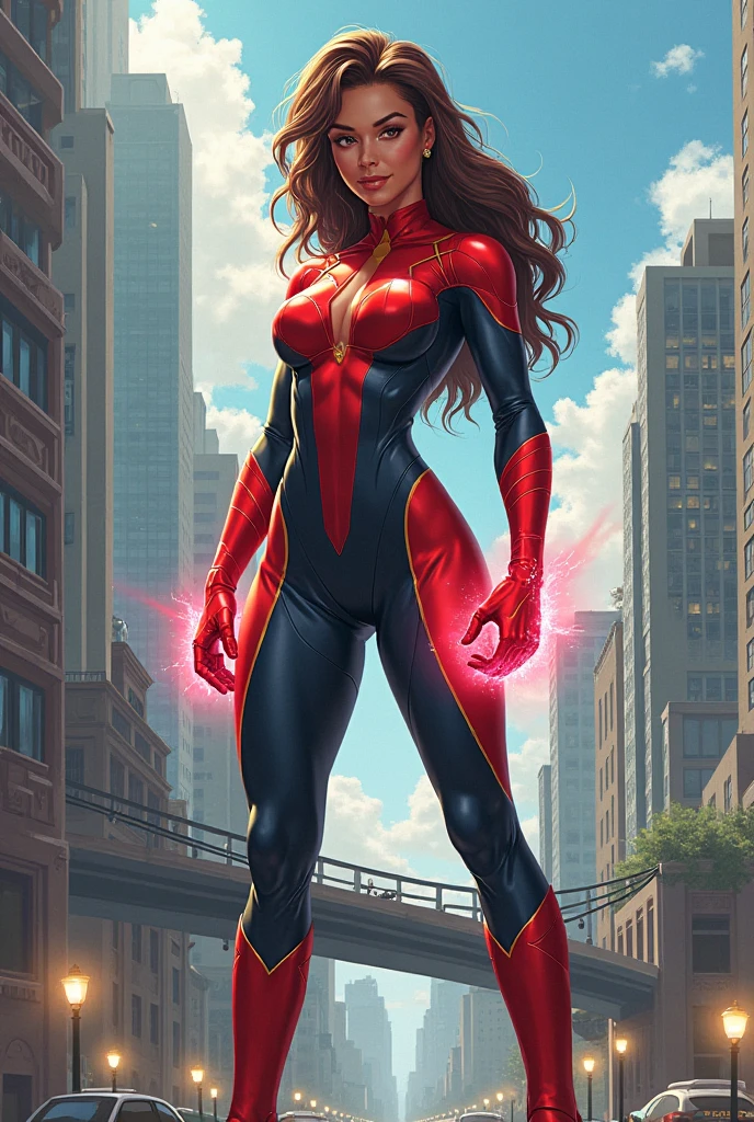 Superheroine on top of a building looking at the viewer