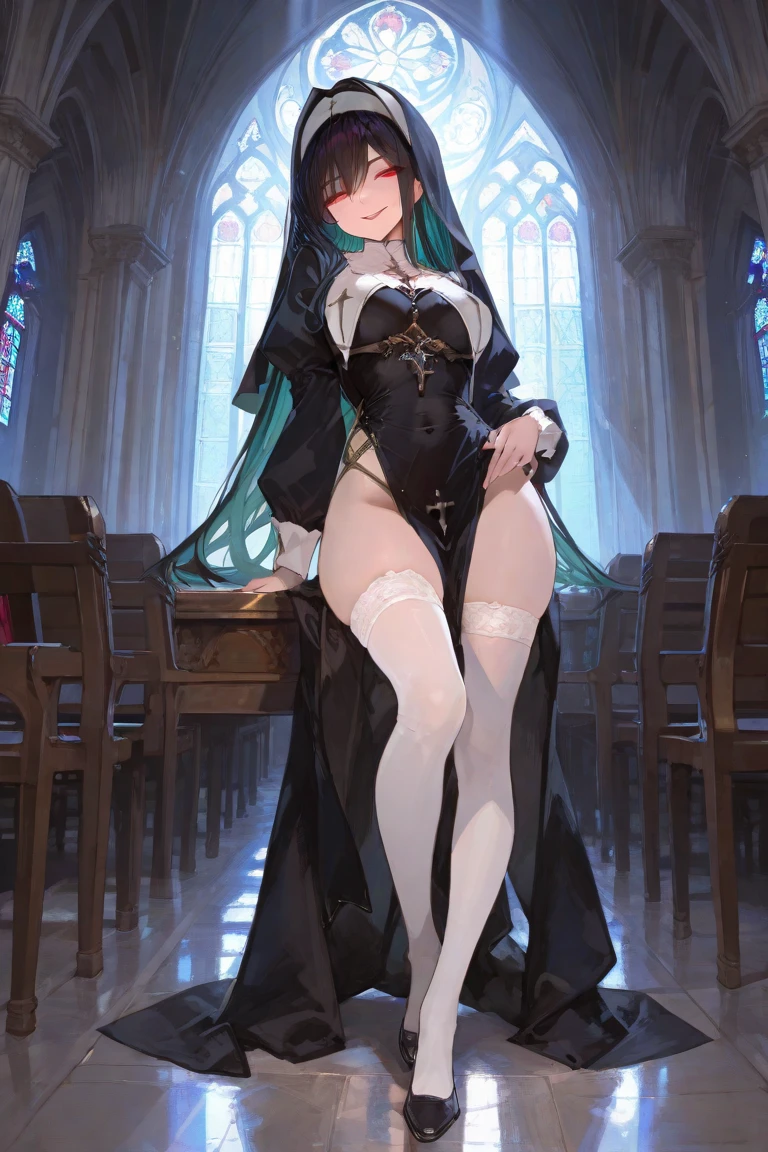 rosaria, rosaria, bags under eyes, hair between eyes, long eyelashes, multicolored hair, (purple eyes:1.1), purple hair, red hair, short hair, streaked hair, (medium breasts:1.2), BREAK bare shoulders, breasts, elbow gloves, fishnet pantyhose, fishnets, gem, gloves, gradient, nun, pantyhose, red gemstone, skindentation, thigh strap, tiara, white gloves,lace,
BREAK looking at viewer,
BREAK indoors, church,benches, candles, fire,
BREAK (masterpiece:1.2), best quality, high resolution, unity 8k wallpaper, (illustration:0.8), (beautiful detailed eyes:1.6), extremely detailed face, perfect lighting, extremely detailed CG, (perfect hands, perfect anatomy),from below, full body.