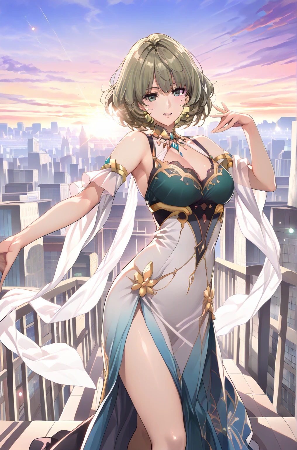 ((masterpiece)), (textured skin), ((high details)), best quality, award winning, 8k, beautiful woman, silk dress, Noble, princess, queen, blonde, half updo, hair flaps, jewelry tiara, crystal earrings, Sharp focus A beautiful woman with perfect body, Slim abdomen, light brown hair, shiny hair, bob cut, starry skies, green emerald ring