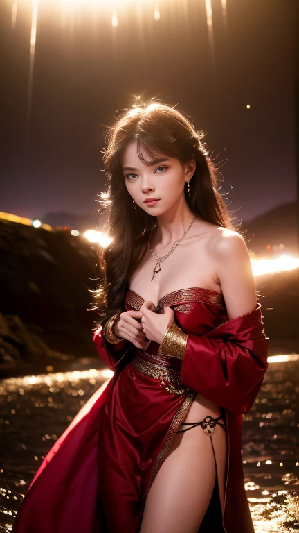 (Otherworldly, Otherworldly atmosphere, Otherworldly appearance), Very detailed, masterpiece, Highest quality, Highest quality, High resolution, 4K, 8k, RAW Photos, (length_hair, length hair), collar, Earrings, jewelry, eyeliner, compensate, hair over one eye, (Dynamic pose), (dynamic weather), (Dynamic Background), One girl, moon, night, Mountain, Red Micro Bikini