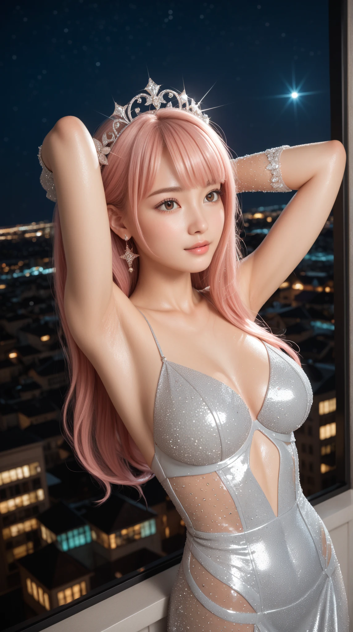 (nsfw), sexy golden princess, sexy smile, long lashes, defined eyebrows, bold lipstick, lip-gloss, colorful metallic eye-makeup, closeup photo, (sparkling large necklace), (sparkling large bracelets), (sexy pink leather strapless bra), (sexy pink leather mini skirt), gyaru, long sparkling platinum blonde hair, sparkling large hotel pool background, sweet and sexy, seductive look