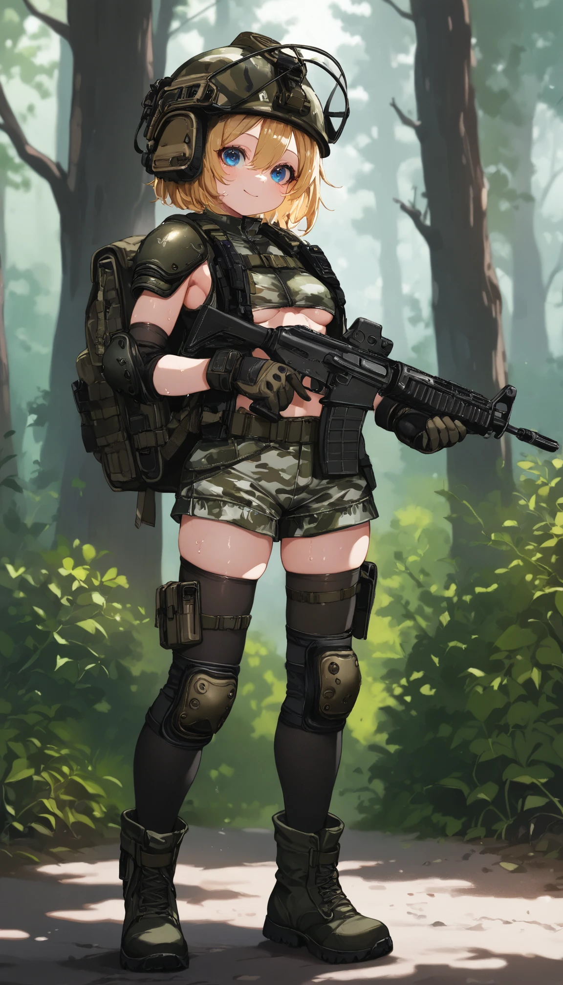 top quality 、 masterpiece、 exists , face 、blushes、smiles、 very young girl 、 cute girl who spilled to one side、( camo print shorts ), blondes, bob hair、hair between eyes、Blue Eyes Tactical Gloves、Tactical Vest、Shoulder armor、Elbow Armor Pads、Knee Armor Pads、OVERKNEE HIGH SOCKS、 military boots , TACTICAL HELMET 、backpack、( Camo Sleeveless Tight Tops , Made of PVC), forest、Illuminated by lighting、I have an assault rifle in my hand、full body、 petite and slender body、B-cup chest、underboob, I'm sweaty、Walking