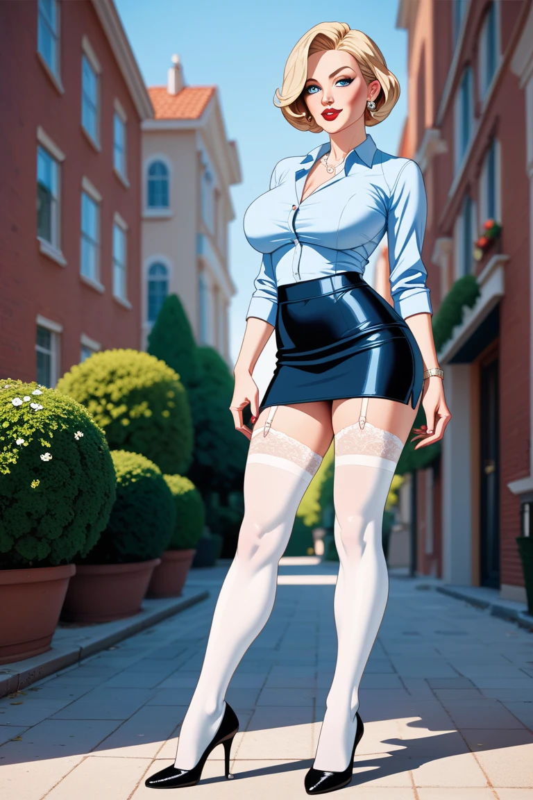 wavy silver hair that cascades to the middle of her back. Brown eyes. Slim and athletic build. She was wearing a skirt in shades of blue, a light blue shirt. He was wearing sports shoes. Very Busty. Marvel style, comic style