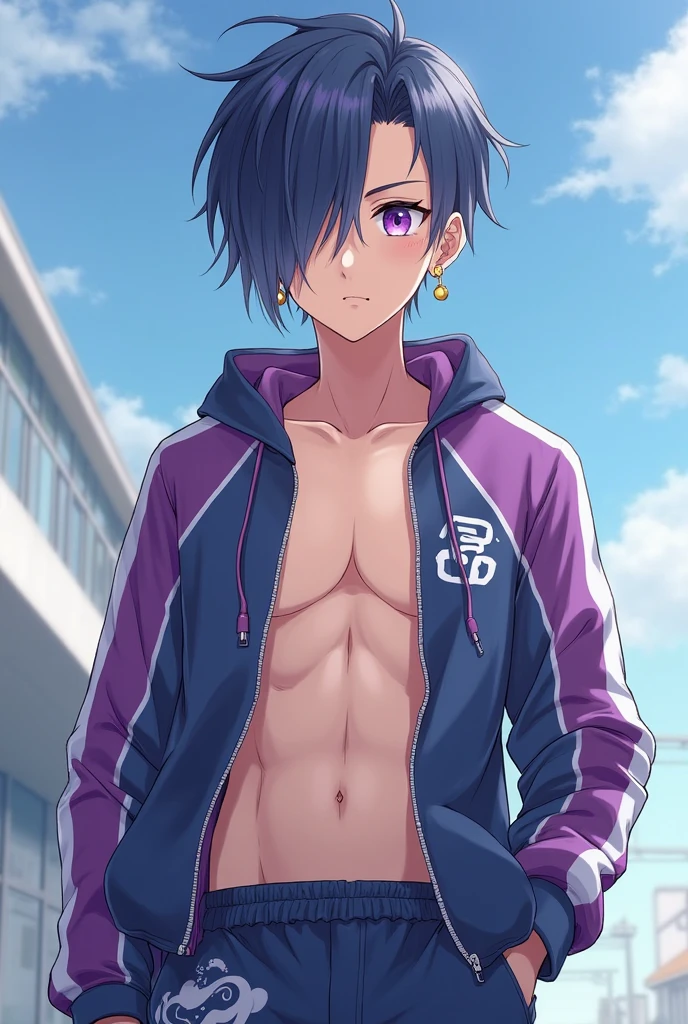 BREAK looking at viewer, BREAK (masterpiece:1.2), best quality, high resolution, unity 8k wallpaper, (illustration:0.8), (beautiful detailed eyes:1.6), extremely detailed face, perfect lighting, extremely detailed CG, (perfect hands, perfect anatomy),onsen,hot springs,night,outdoor,night,(purple eyes:1.1)1boy,shirt, jewelry, jacket, naked,showing dick,