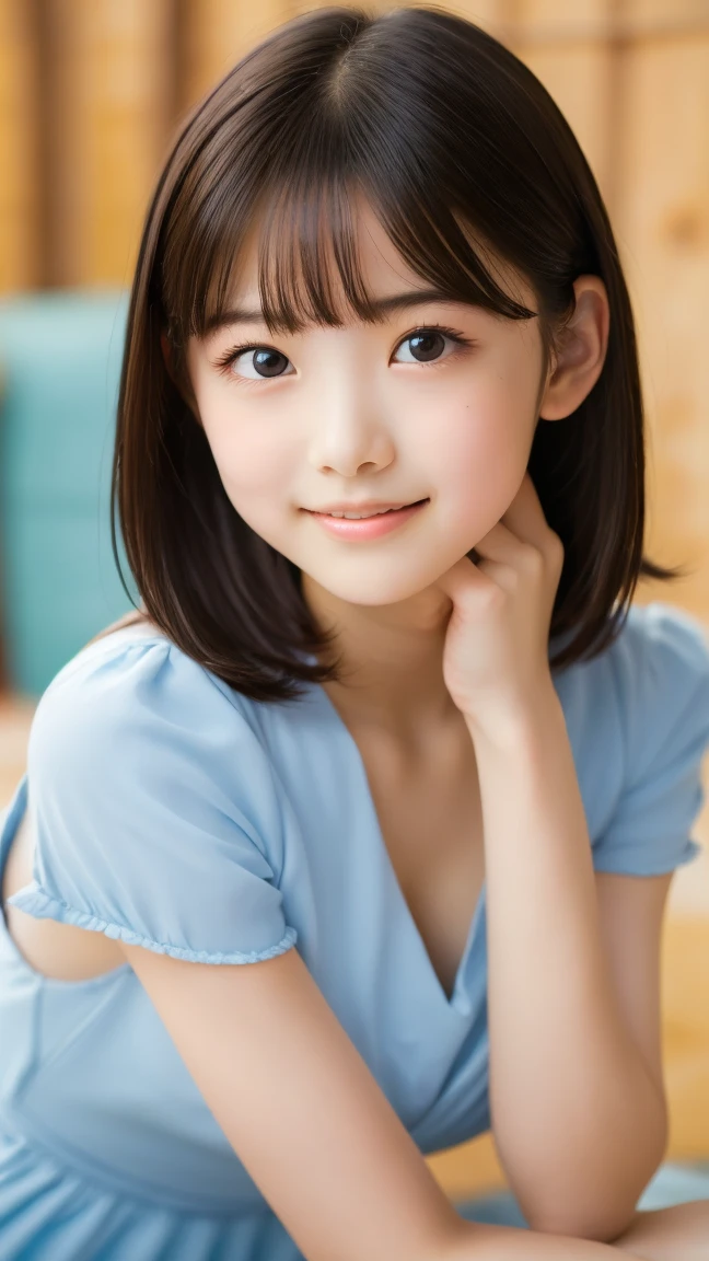 bright表情、photorealistic stick:1.32、highest quality、超A high resolution、Photos of the most beautiful Japan girls、cute and beautiful face details、small face、(Pueros face_V1:0.008)、美しいbangs、10 years old、Brilliant white skin、hair gets tangled in face、顔まで伸びるbangs、bangs、hair between eyes、charming brown silky hair、bright、Clear light blue eyes shine charmingly、dynamic pose、highest quality、disorganized、((the cutest girl in the world))、Japanese、on the bed、((dress with frills:1.3))、(half side up hair:1.3)、(tie with a thin ribbon)、nice and cute、innocent smile、nice smile、Bumpy chest、(small breasts:1.3)、(Crawl on all fours and look up:1.3)、ponytail、brown hair、thin waist、detailed beautiful eyes、view audience、Upper body、close up of face、Front view、