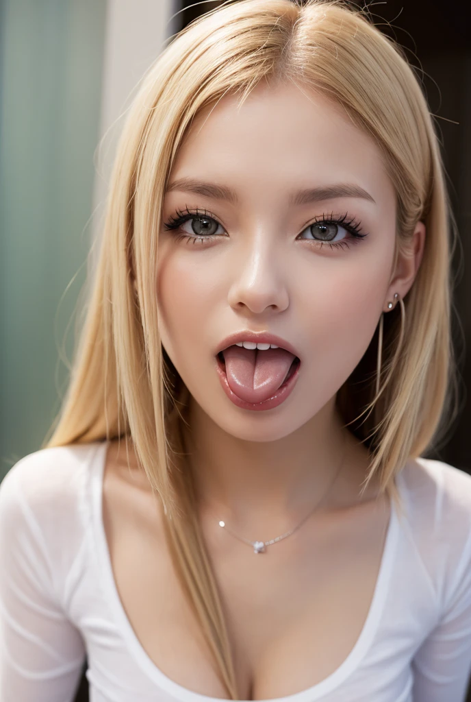 Cute innocent white old, sweating, blonde hair, blue eyes, round breasts, fully nude, sitting in the back seat of a car, (blushing), red face, hot, taking a selfie smiling, ultra quality, detailed, masterpiece, 4k, great details, drooling, saliva, ahegao,