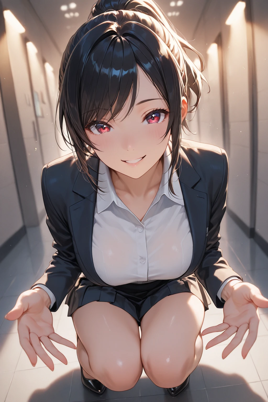 (High resolution,high quality,great posture,anime
style,female focus,,extremely detailed hair),black hair,short hair,green eyes,(glowing eyes),long eyelashes,(black eyeliner,black lipstick),stud earrings,(nose piercing),),(extremely detailed eyes),(sharp teeth),(tounge hanging out mouth),(messy unkept hair),smug smirk(wide mouth),,thick thighs, high striped socks),white sneakers,(open shirt),(small breasts),(black tie),squatting