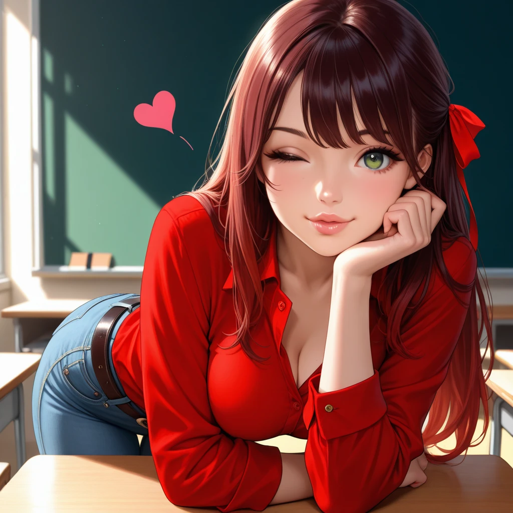 Ultra-realistic 8K CG: An impressive teacher's masterpiece In the confines of a classical classroom, bathed in the soft glow of cinematic light, a captivating woman takes center stage. With a perfect body that has been meticulously sculpted, she exudes an air of authority and allure. Her black hair cascades down her back, framing a face adorned with delicate bone structure and blue eyes that sparkle with intelligence.
Her lips, a bold shade of red, bow in a slight, inviting smile, adding an irresistible charm to your alabaster complexion. Her dress, a simple but elegant