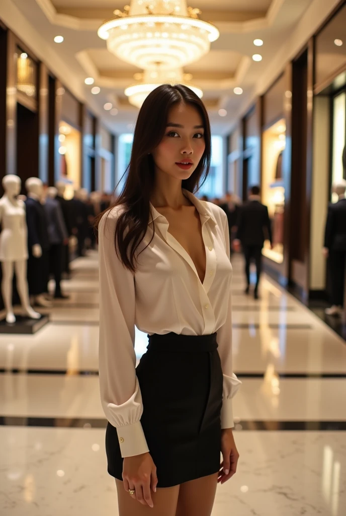 fashion editorial style, Stunning alluring thai woman CN_FON_SHOWLIGHT with seductive eyes, (solo, full body photo:1.3), (action packed:1.3), chiaroscuro, hair, Formal wear, short skirts, high heels, pantyhose, whole body, Look at the audience, (8k, original photo, best (greetings:1.3), skirt lift, (ribbon behind back), (black dress, maid apron), ((long skirt)), (office, curtain wall, wideframe), (skyscraper, cityscape), (blue sky, sun), (sunlight:1.2), (from front) <lora:add_detail:1>, high fashion, trendy, stylish, editorial, magazine style, professional, highly detailed