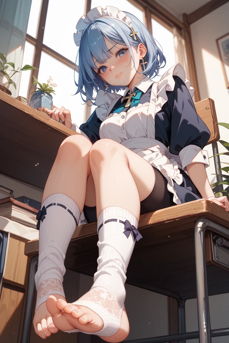 An anime loli sits on a table in white tights and looks down in disgust,The perspective looks up from the foot