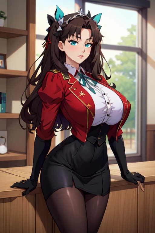 Perfect face, Perfect hands. A brown haired woman with red eyes and an hourglass figure in a Gothic conservative cowgirl is reading a paper in the sheriff's office