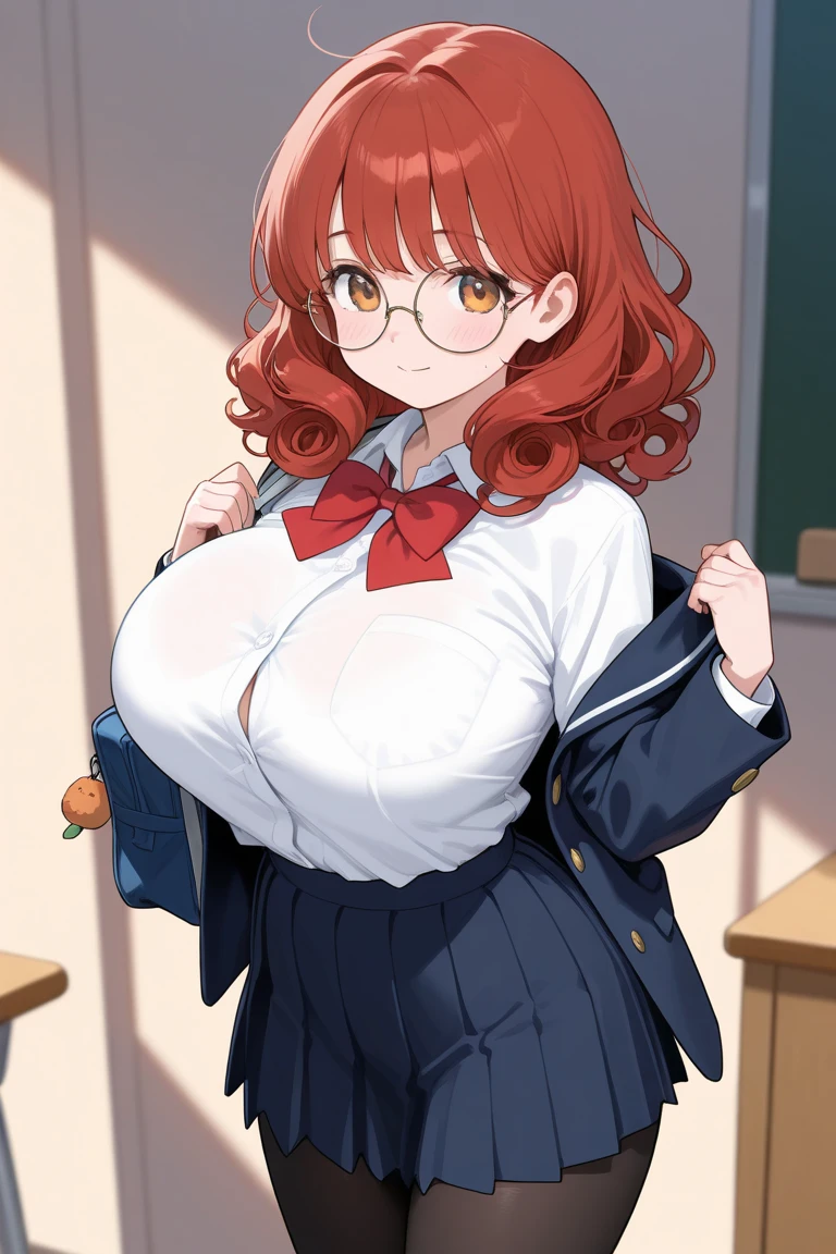 2d, masterpiece, best quality, anime, highly detailed, cowboy shot, 1girl, solo, sayori, blue eyes, pink hair, short hair, hair bow, red bow, school uniform, blazer, brown sweater, collared shirt, neck ribbon, blue skirt, standing, clenched hands, :d, classroom, (gigantic hourglass figure:1.6)