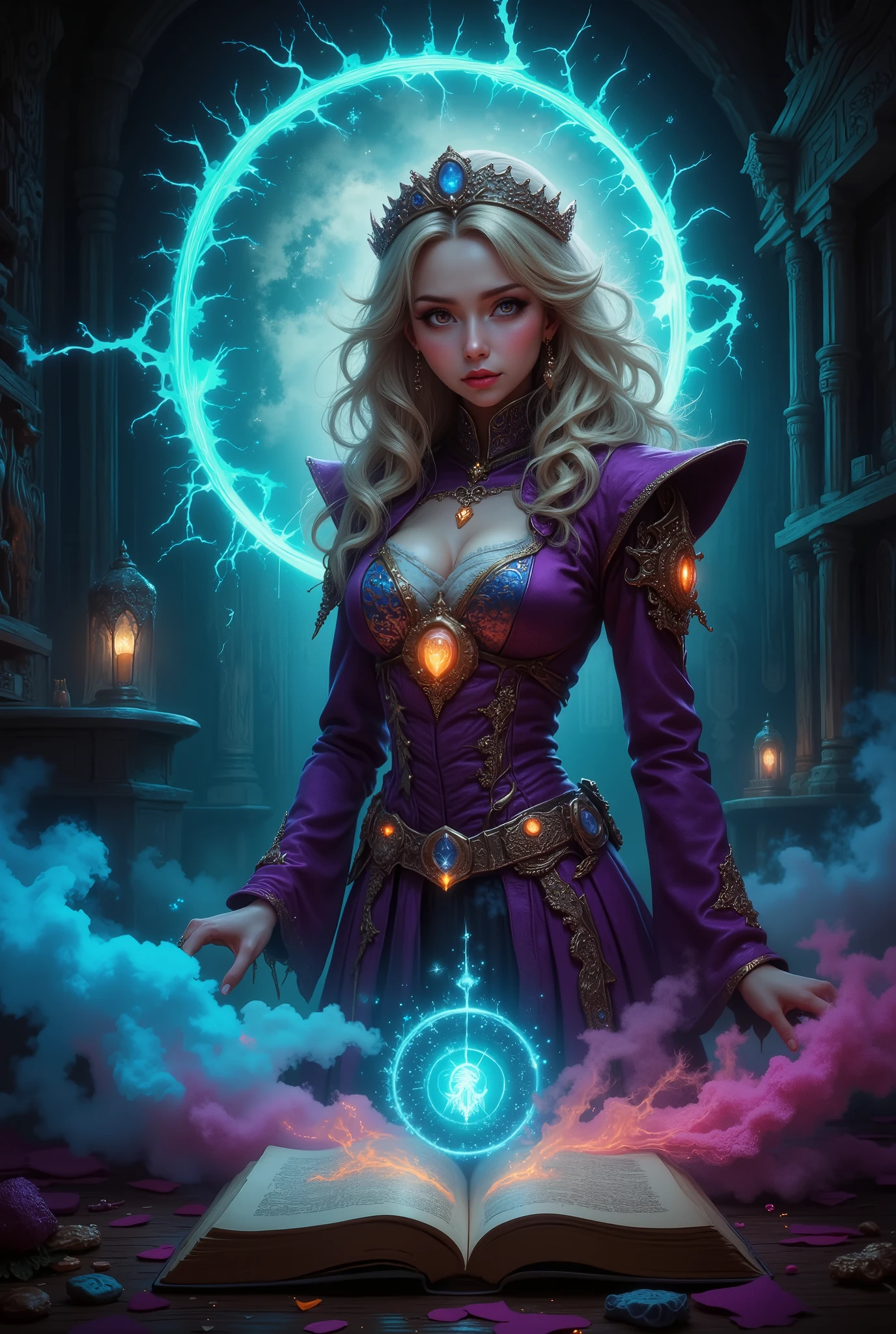 a mysterious sorceress, with beautiful hair lush like lightning, beautiful look, Mysticism, in a beautiful outfit with decorations beautiful and seductive, mysterious and charming, is surrounded by an attractive, conjures, on the table, the book is a large open, with magic symbols, красивая Mysticism, witchcraft, great , room shrouded in magic and fog, masterpiece, better quality, High quality, difficult details, 8 k, clearly, Exactly, wonderful fantasy,