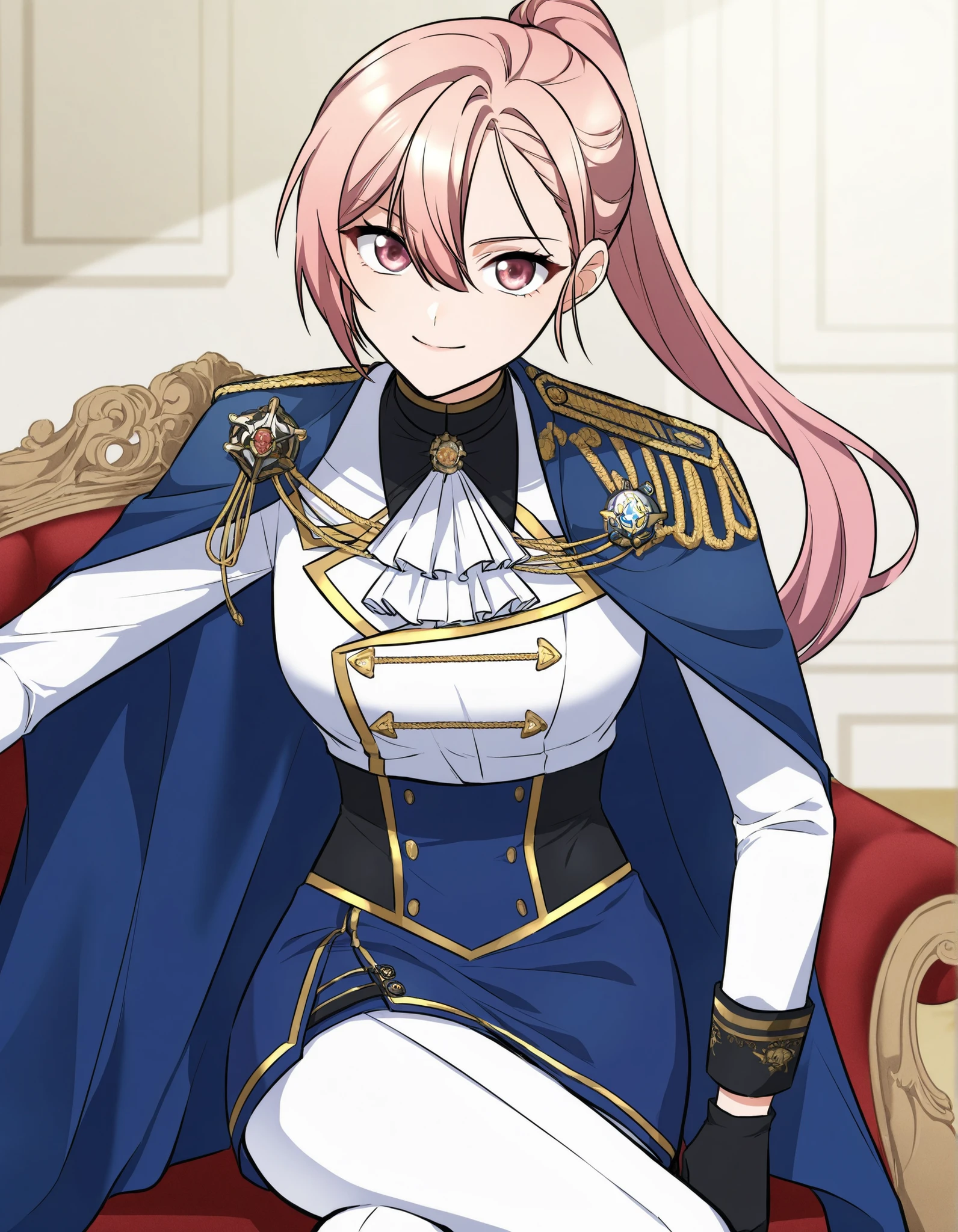 masterpiece,best quality,Regina rena, 1girl, solo , pink hair, ponytail,wearing a stylish military-inspired ,, white pants , blue skirt, Jacket , blue Cape ,white military-style jacket with gold accents, including decorative buttons and trim, Gloves , sitting, cross legs,smile, closed mouth, elegant pose badass, shinny eyes, looking towards viewer , holding viewer , want kiss