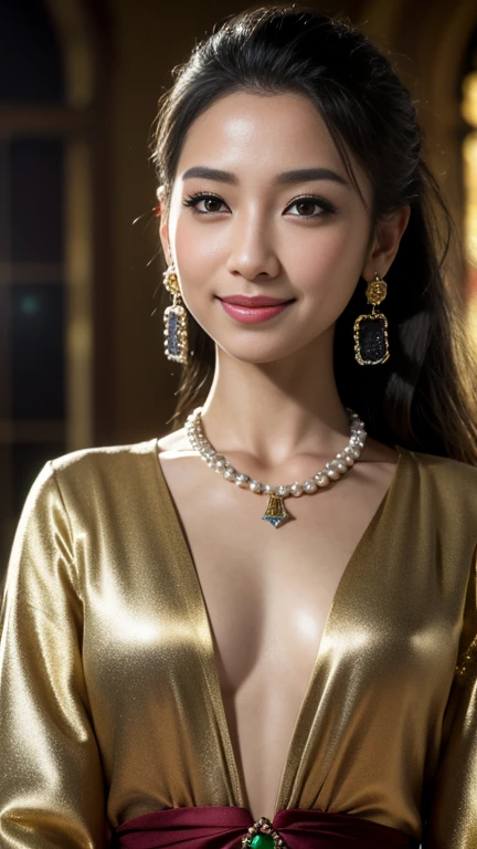 (masterpiece:1.4), (best quality:1.4), ultra high res, ultra high resolution, ((detailed facial features)), HDR, (realistic, photorealistic, photo-realistic:1.37), closeup, sexy seductive Thai woman, (seductive smile), long lashes, beautiful makeup, platinum blonde hair, fair skin, slender figure, elegant posture, wearing large sparkling colorful jewelery, wearing a business style leather dress, standing in a large shopping mall, gentle sunlight shining through the shopping mall windows, casting a soft glow on her face, adding warmth to the scene, vibrant colors, capturing the essence of vibrant city life, portrait style, showcasing her natural beauty and grace in a feminine way