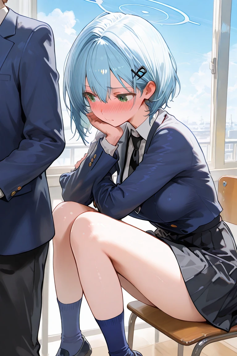 Young girl with blue hair,short straight hair and short bangs (purple eyes),, ((small bushy eyebrows)), wearing gothic ta clothing, loli, large breast, breasts out of blouse, walking to school, bored look, bored face, , suddenly having sex in public, ((doggy style sex)), ((public sex in a restaurant)) naked ass in the male crotch, perfect anatomy, young boy fucking her
