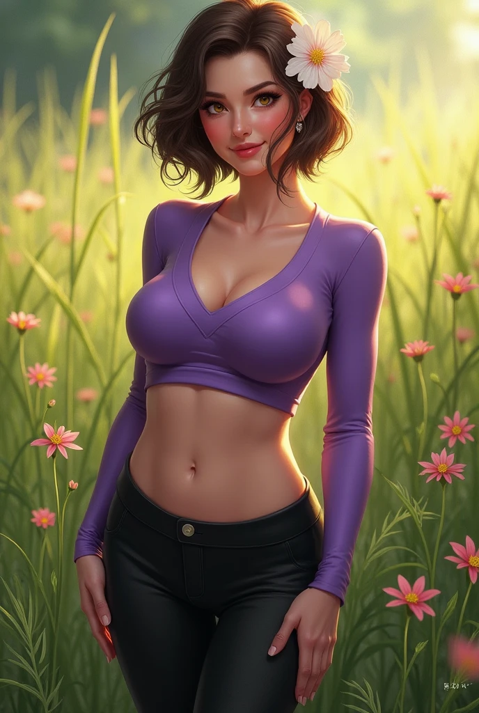 Girl, Black hair,pink hair strand, short hair, 8k resolution, detailed image,realistic body, ultra realistic quality, high quality image, light reflection, shadow, leg pants, bare breasts exposed,full body, (open field! pink and blue flowers bright green grass, sunlight) easy expression Smiling, realistic, breasts, thighs, standing, with hand on breast.