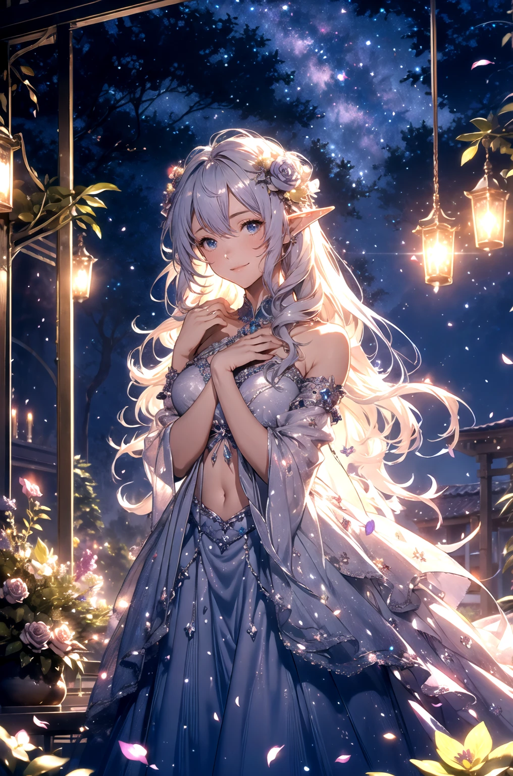 （（disparo desde lejos）），（Shadow elf decorated with streamers and fireflies.），（（Hogueras y minerales brillantes en noches oscuras&Efecto del viento&llamas flotantes）），（chica），（Soft light illumination），Arte oficial，（Wallpaper design）
