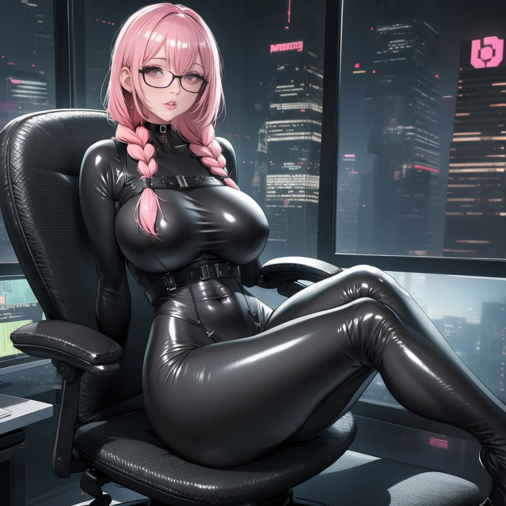 cyborg girl, android robot, cuteface, beautiful face, plump lips, She wears glasses, Skinny girl, gorgeous figure, Gorgeous wide hips, wide pelvis, pink long hair, Cyan eyes, A naked life, little chest, sitting posture with legs bent at the knees and knees wide apart, Spreading your legs, Women's thighs , bare crotch without panties, midriff exposed, exhibitionism, Background laboratory with dark lighting