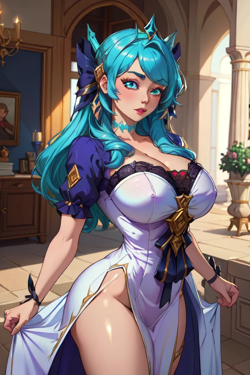 obra maestra, Mejor calidad, obra maestra, cara detallada, ojos detallados, cuerpo completo, 1 chica, pelo azul, pelo largo, blue hair, long hair, red lips, lingerie, medias, rosa en la boca, templo griego, rosas en el suelo, sexy, spread legs, +18