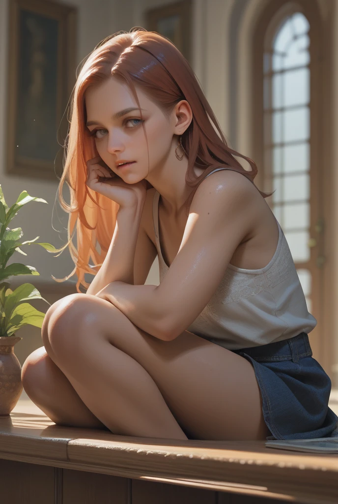 (whole body:1.5),octane rendering, 8K, best quality, masterpiece, backlit scene, time of day is midnight, illustration, extremely delicate and beautiful, detailed,extremely detailed,CG,Unite,wallpaper,Astonishing, fine details, realistic art: 1.2 ,masterpiece, best quality, official art, extremely detailed CG Unite 8K wallpaper,1 girl, 16 years old, sitting on couch, in a luxury hotel room in the dark, wearing black underwear and stockings, at night, skinny body, bored facial expression,, wide open eyes, green eyes, orange hair in a long single braid, widows peak, pretty symetrical face, shiny wet skin, oiled skin, white skin, lots of freckles, pale complexion, thin waist, narrow hips, long legs, skinny body, small breasts, , Realistic photos, (hiqcgbody) ,perfect female figure,