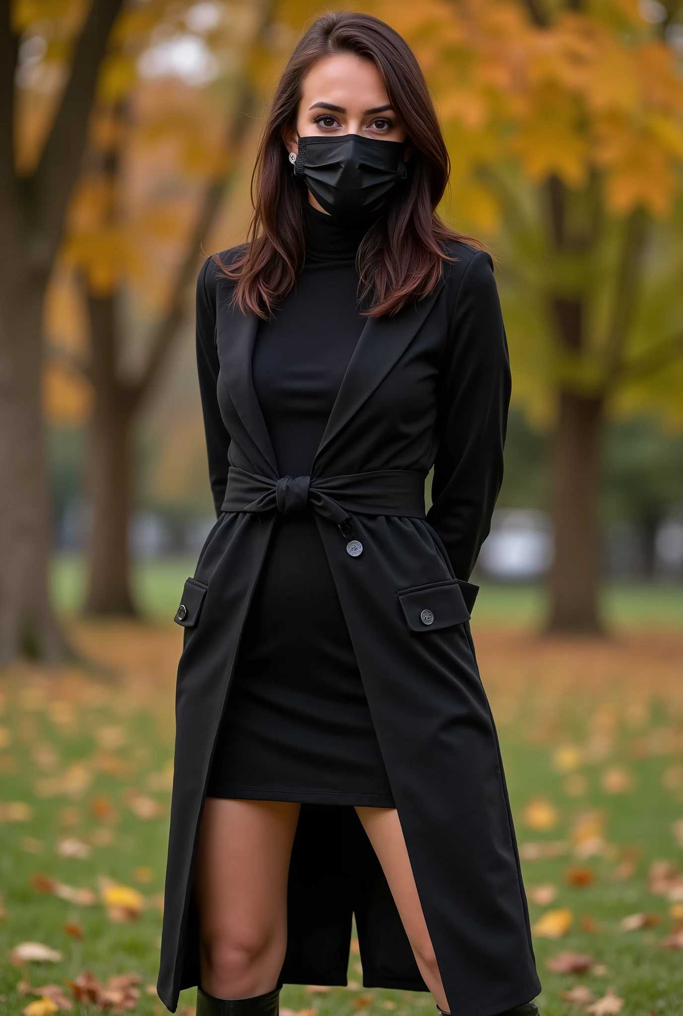 Girl in black long cashmere coat, the coat is fitted and fully unbuttoned, naked under coat, , ,vulva,   black leather boots , , brown eye, chestnut blond short,   black face mask , reserved, hands behind your back, , helpless, contract, 4k, Soft light, costs, in the autumn park, maple trees