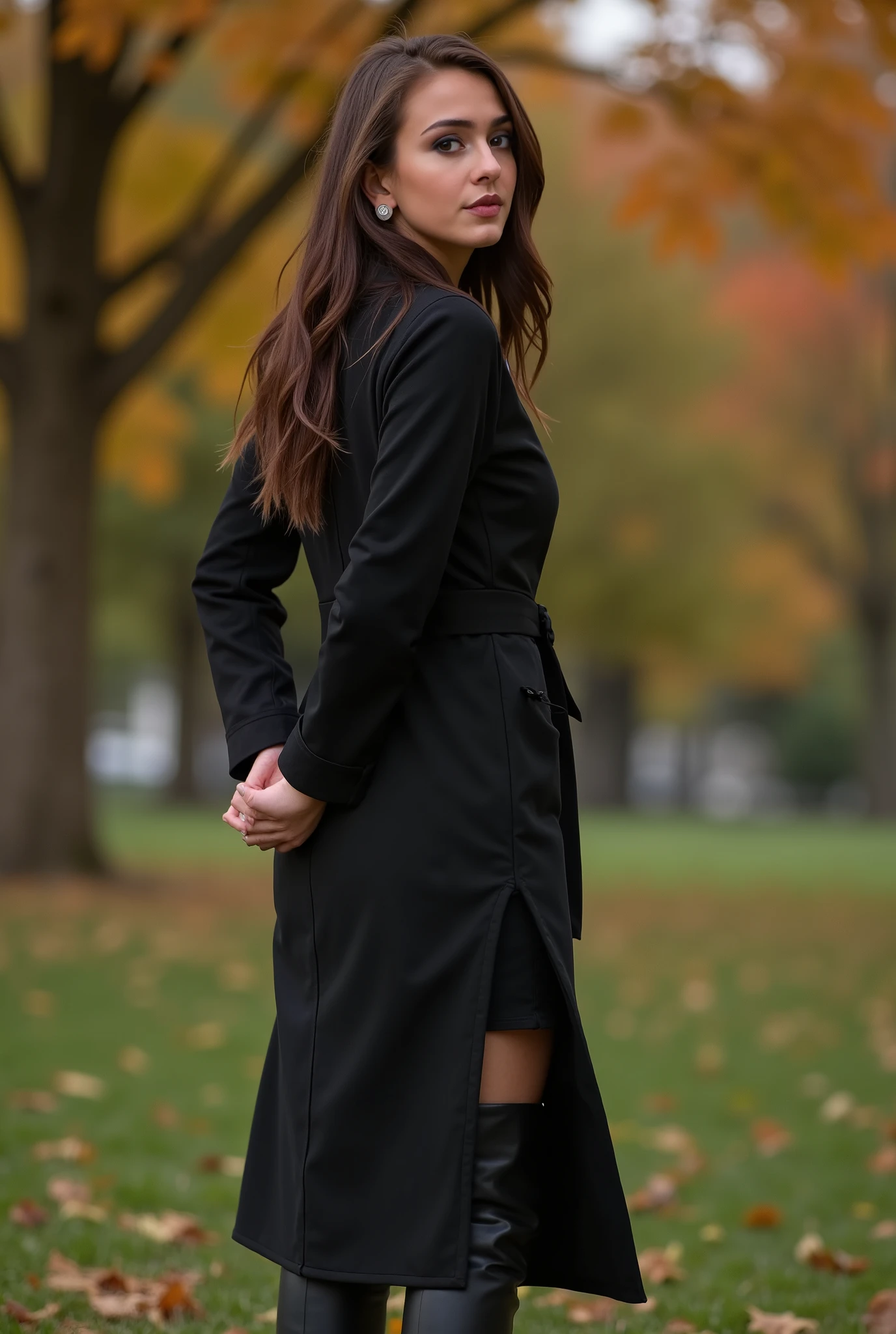 Girl in black long cashmere coat, the coat is fitted and fully unbuttoned, naked under coat, , ,vulva,   black leather boots , , brown eye, chestnut blond short,   black face mask , reserved, hands behind your back, , helpless, contract, 4k, Soft light, costs, in the autumn park, maple trees