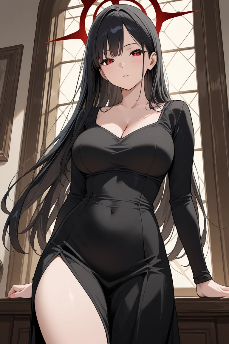 High tail hairstyle, Ponytail hairstyle, Long wavy black hair, standing posing, anime girl style, pixel art anime style,penetrating look with deep eyes,red and purple eyes, hair with a ponytail hairstyle trapped with a big red bun, women, red hair clips, x color shaped hair clips , smiling face blush, next to his bed, lingerie, tank top, Black hair, mini skirt, big thighs,