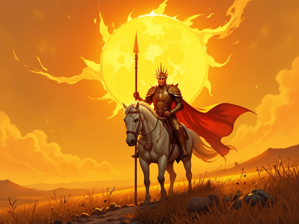 A cinematic, hyper-detailed rendering in the style of a South Brazilian-inspired fantasy, depicting a weathered vaqueiro gaúcho (35-45 years old, dark olive skin, strong features, determined expression) astride a powerful, muscular crioulo horse (dark bay coat, rippling muscles).  The vaqueiro, clad in reinforced, dark brown leather chaps and jacket, accented with deep red stitching mirroring Brazilian folk art motifs—geometric patterns and stylized floral elements—wears a wide-brimmed felt hat casting shadows over his intense eyes. His posture is , radiating strength and vigilance; his right hand firmly grips the reins, his left rests on the hilt of a long facão (machete) in a tooled leather scabbard at his hip, a finely crafted whip coiled at his waist.  The setting sun bathes the endless pampas in warm hues of orange and rose, casting long shadows across the tall, windswept grasses.  The composition features a low-angle, wide shot, emphasizing the vastness of the landscape and the guardian's imposing silhouette against the fiery sky. The scene is imbued with a sense of quiet strength and watchful protectiveness, a blend of ruggedness and poetic beauty, evocative of the Brazilian pampas at dusk.  Focus on detailed textures—rough leather, wind-tossed grass, gleaming horsehide—and a hyperrealistic rendering style, capturing the emotional weight of the scene.  Influenced by classical cinematic compositions and South American folk art aesthetics.
