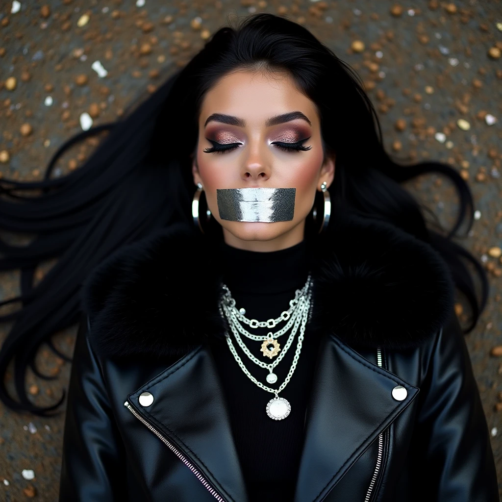 solo, jewelry, realistic, black_hair, ring, 1girl, bound, gagged, tape, improvised_gag, veil, gag, bound_wrists, bracelet, bandages, tape_gag, long_hair, looking_at_viewer, earrings, bondage, black_eyes, tattoo, upper_body, tears