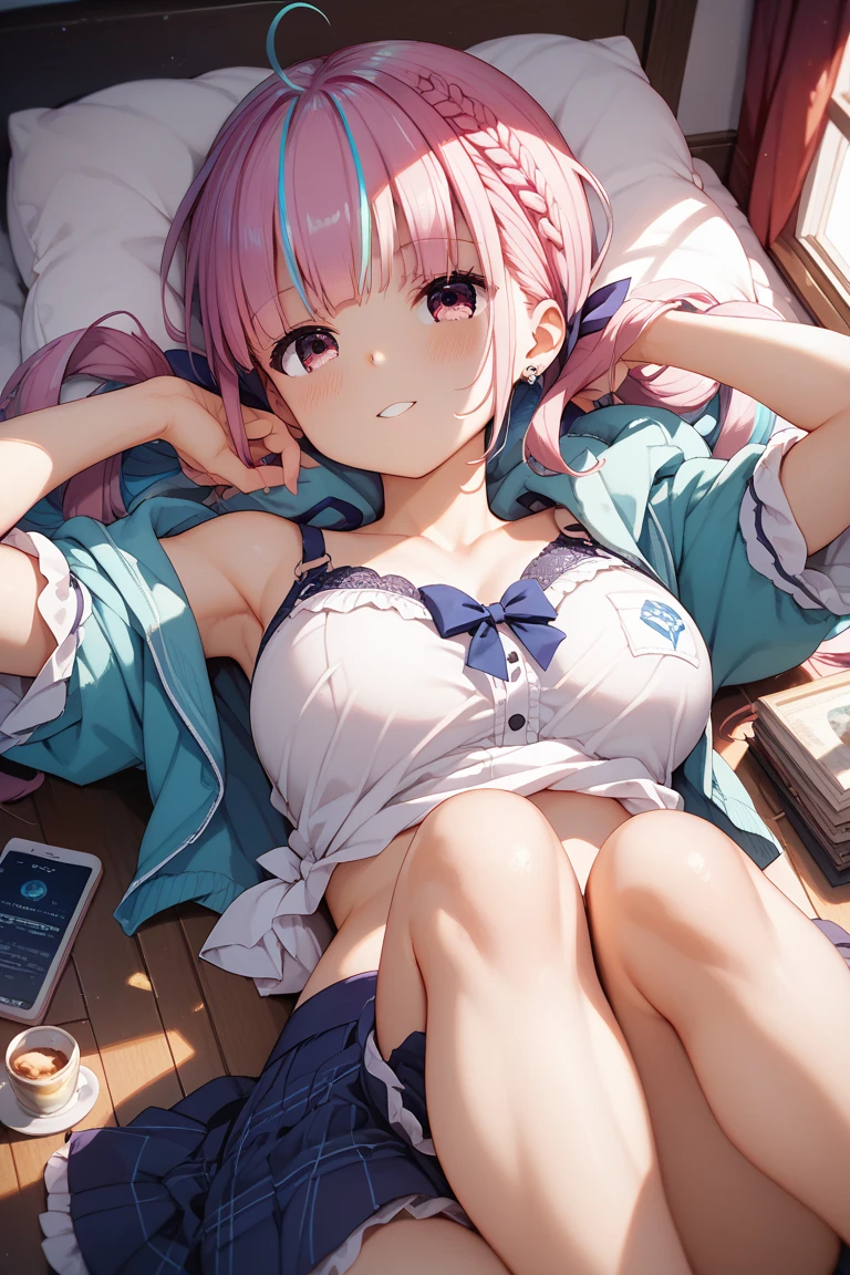 1girl in, Beautiful detailed eyes, long white hair, (((Two-side-up)))、blue eyess, (((pink sailor suit)))、(((White dress)))、(((Pink skirt)))、(((bare-legged))),Lustrous skin, High contrast, ((masutepiece, Best Quality))、thighs thighs thighs thighs、Mansuji、mekosji、Underbust、(((Mystical lighting)))、(((top-quality、8K、masterpiece、NSFW)))、perfectly cute girls、Delicate and smooth skin、real looking skin、Perfect and beautiful face、Perfect and cute face、(subjective perspective、showing the view from above)、(((Spread your legs apart))), Are sleeping、Lustrous skin, on the beds , (((Are sleeping)))、lovely thighs、glowing thigh、a navel、Extraordinary lovely anime girl、watching at viewers、(((Open your legs to show your white panties)))