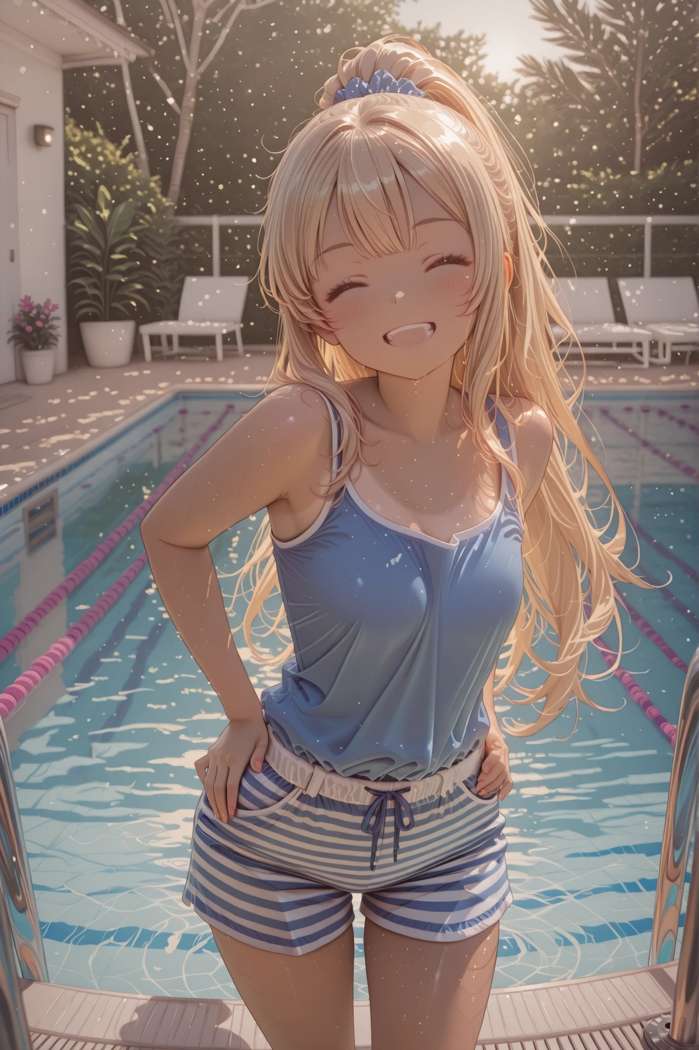 hiten kei style, claude monet, oil painting, masterpiece, hyper realistic, realistic skin, best quality, 1girl, city pop, poolside, looking at another, topless, full body, vector illustration, nipples, light smile, blunt bangs, long hair, stomach, navel, bare shoulders, blonde, ponytail, wet, soaked, people on background, manila, raining, denim shorts, , , tropical, sneakers, laughing, hands up, jumping, tongue out, long tongue, leaning forward, collarbones