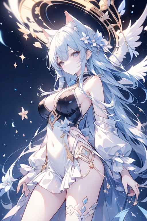 A stunningly ethereal woman, composed of a dazzling array of rainbow hues, lays gracefully on fluffy clouds in the sky. Bathed in dynamic and enchanting rainbow lighting, accentuates her vibrant, full-bodied form. Fantasy art. Masterpiece 