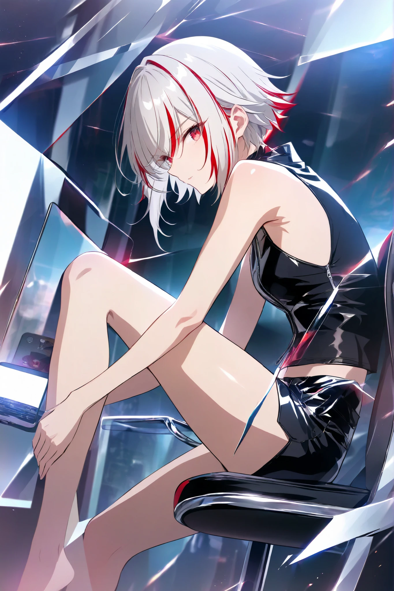white-haired woman red eyes,anime
short layered hair with red highlights on gray hair、sleeveless black zip up top、cool and edgy temporary look、no visible accessories drawn with、confident and slightly rebellious pose、Side Glance、SMOOTH FAIR SKIN、bar barカウンター chair with the top half visible tilting the glass cross your legs、Smartphone